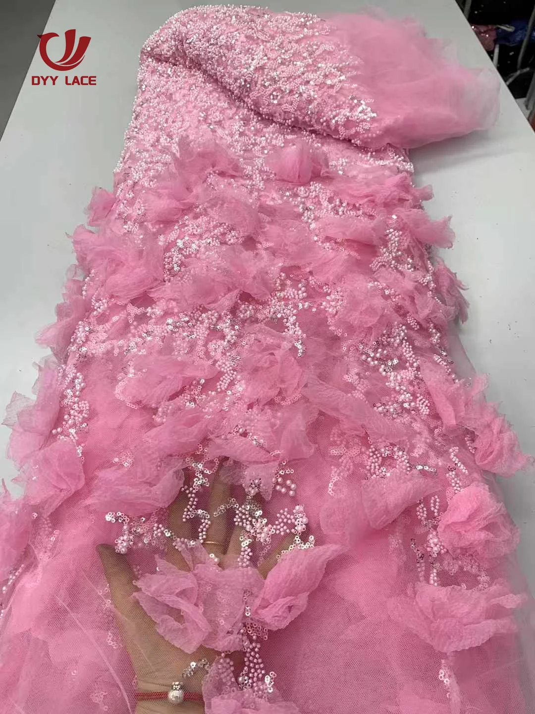 

Fashion Elegant French 3D Flowers Embroidery Mesh Beads Lace Fabric 2025 African Nigerian Sequin Fabric For Wedding Dress