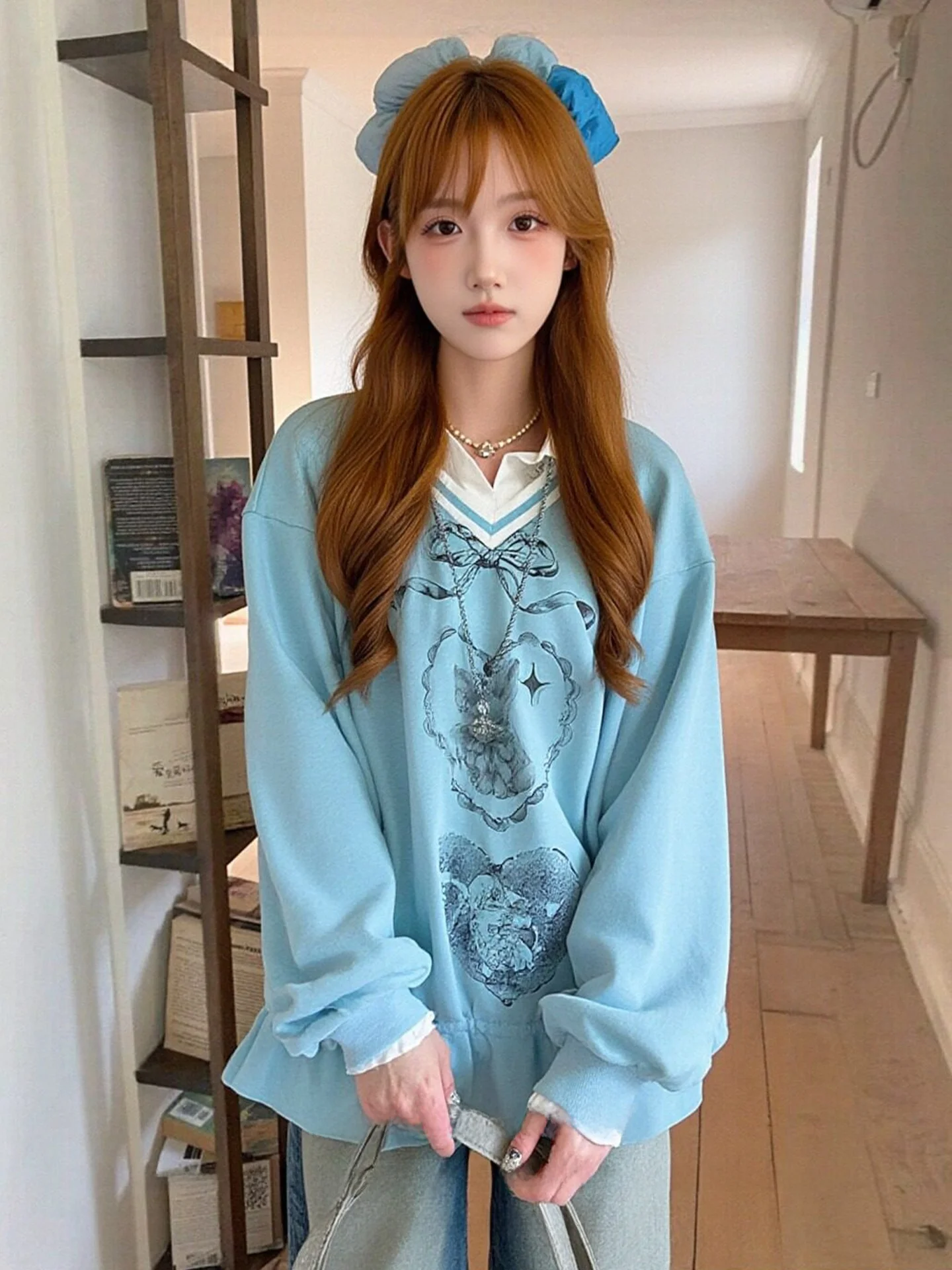 

Женский свитшот в стиле ретро с V-образным вырезом, весенне-осенний, свободного кроя, с длинными рукавами, с принтом кролика, повседневный, милый топ