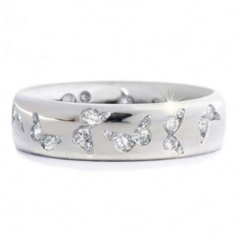 Attractive Silver Color Butterfly Round Rings for Women Blue Green Pink White Stone Rings Jewelry