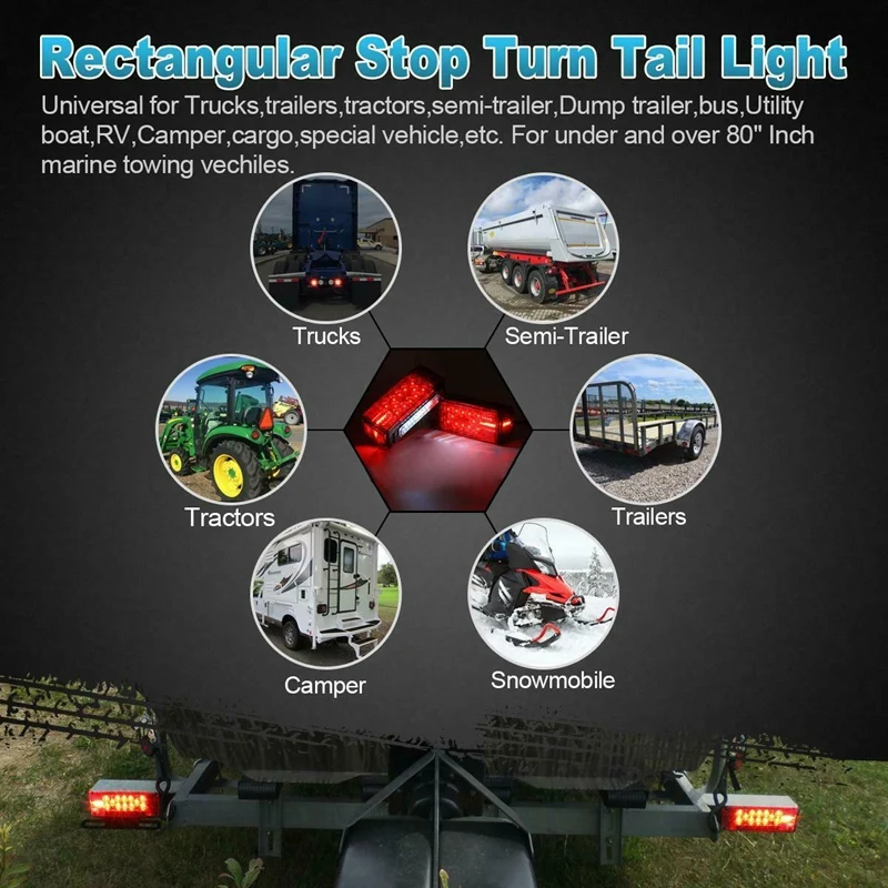 Left+Right/Over 12 LED Diodes Waterproof Red Trailer Boat Rectangle Stud Stop Turn Tail Lights