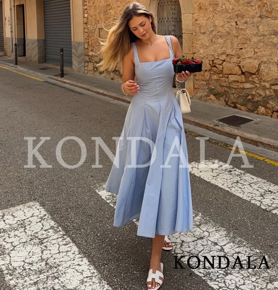 KONDALA Elegantes, süßes hellblaues Damenkleid – Sommer-Trends 2026 – Romantisches langes Urlaubskleid mit Wellensaum und eckigem Ausschnitt, Trägerkleid