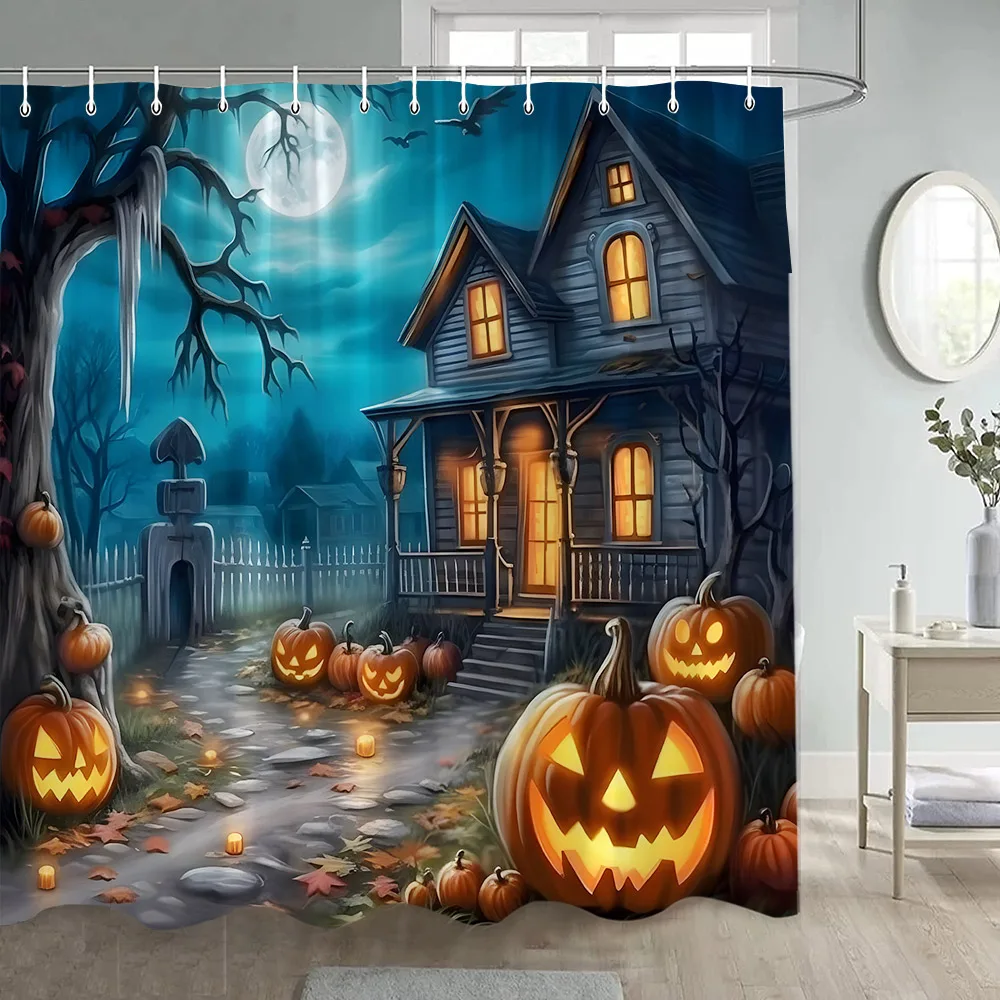 Horror Halloween Shower Curtains Forest Castle Dead Tree Crow Pumpkin Night Scenery Bath Curtain Cloth Bathroom Decor with Hooks