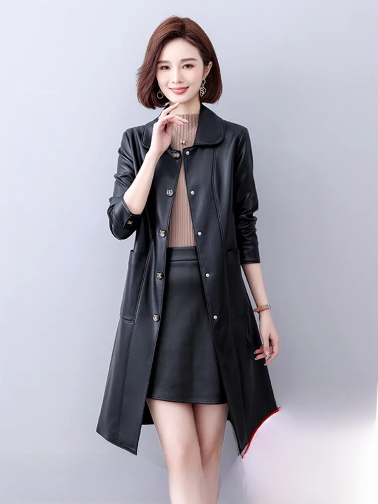本革ジャケット レディース 2025年新作 スリムフィット ロング丈 シープスキン レザー ウィンドブレーカーコート