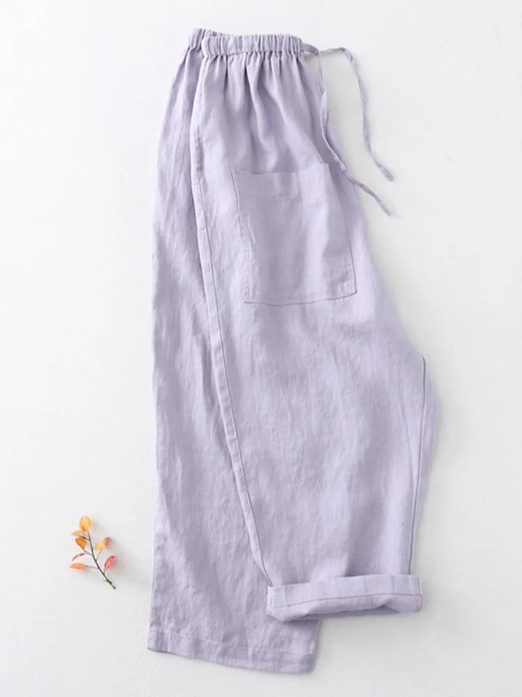 

Повседневные женские брюки средней длины из смеси хлопка и льна с эластичной резинкой на талии, художественные свободные брюки Харлан