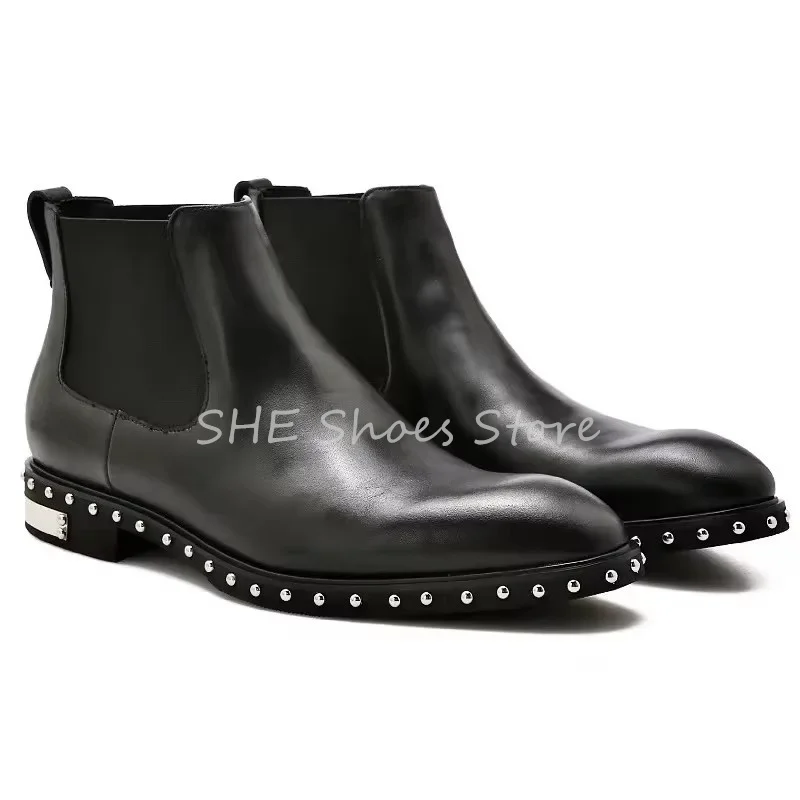 

Punk Rivet Black Chelsea Boots for Men High Top Chunky Heel Slip-On Ankle Short Boots Male Business Formal Dress Leather Shoes