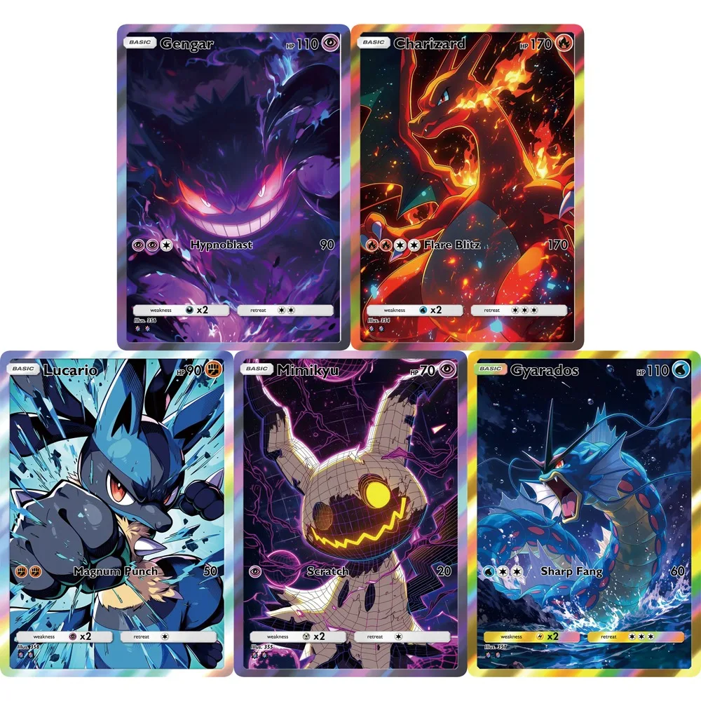 

Набор из 5 голографических карт Покемон: Чаризард, Генгар, Мимикю, Гардос, Лукарио. Коллекционные редкие карты PTCG. Подарок.