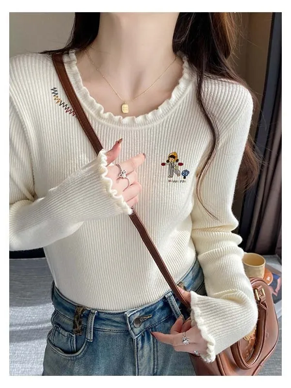 ay Baselayer Damen Langarm-Strickpullover mit Holzmaserung Rüschen-Innenfutter Lässiger Lockerer Schnitt aus Polyesterfaser