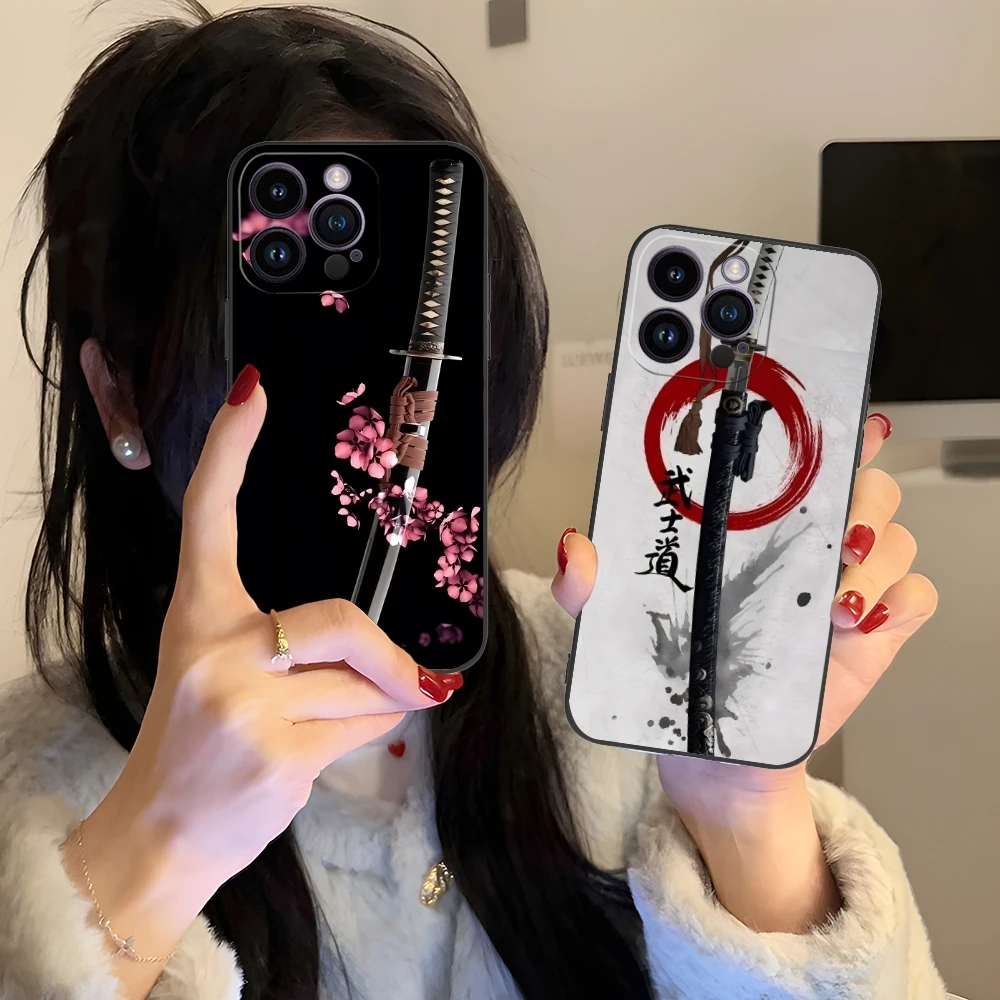 Katana Samurai Ronin Mobile Cell Phone Case for iPhone 16 15 14 13 12 11 X XR XS 8 7 Pro Max Plus Mini Black Phone Cover Shell