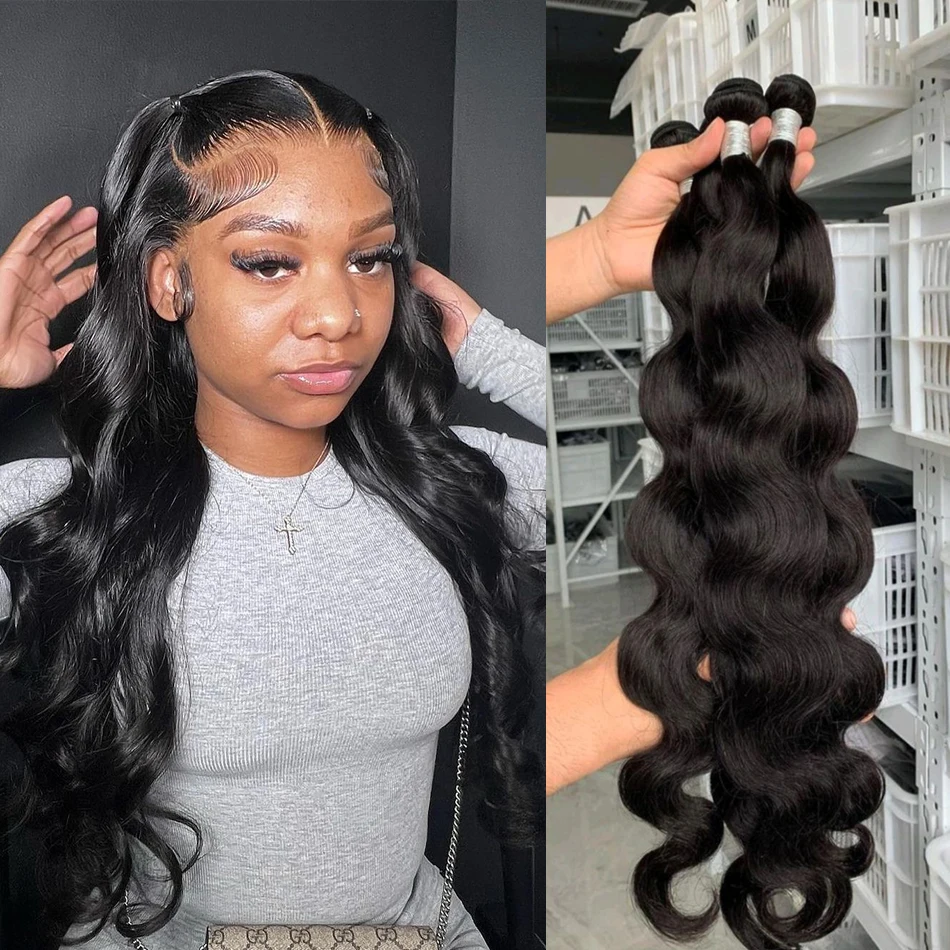 34inch Peruvian Body Wave e 100% Human Hair Bundle Virgin Weave Remy Hair Extensions 1/3/4 Pieces Soft Bouncy Natual Black Cheap