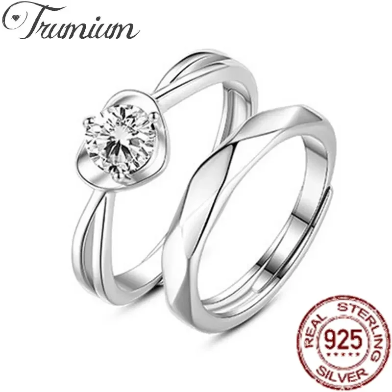 

Trumium Genuine 925 Sterling Silver Lover Rings Adjustable Ring for Couple Heart Shape Zircon Anniversary Romantic Jewelry