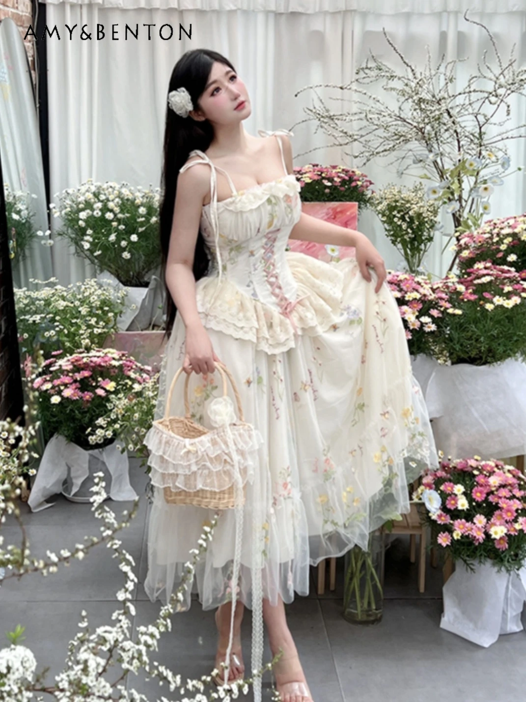 Spring Summer Elegant Graceful Lolita Dresses Sexy Hot Girl Strapless Slim Mesh Stitching Mid-calf Dress for Women Kawaii Dress