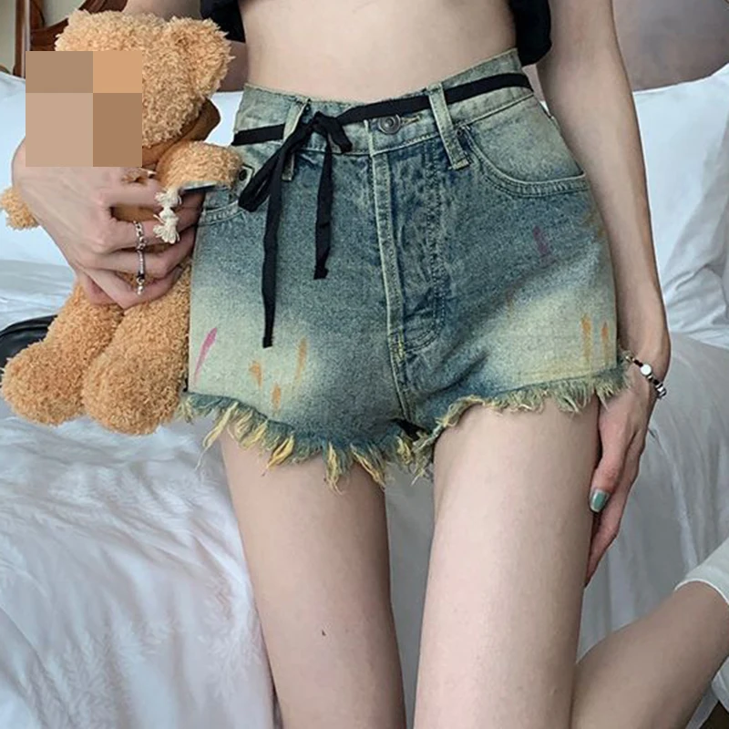 Old vintage ruffled jeans, women's spicy girls thin straight leg shorts, summer high waisted  slim wide leg A-line pants