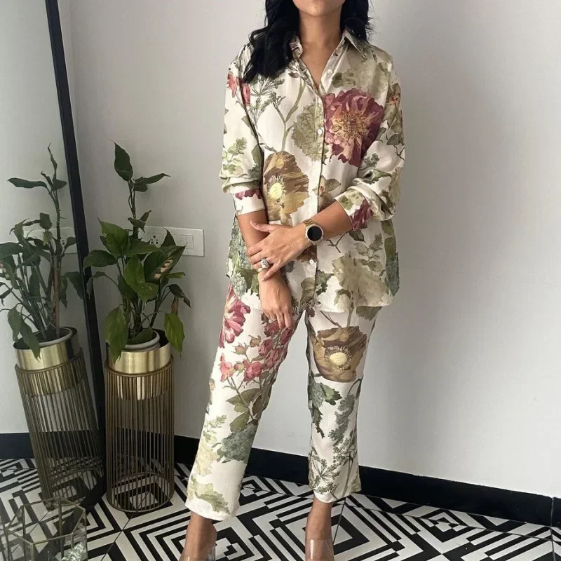 Womens Two Piece Set Loose Sets Print Flower Long Sleeve T Shirt Button Lapel Shirts Casual Floral Cropped Nine Point Trousers