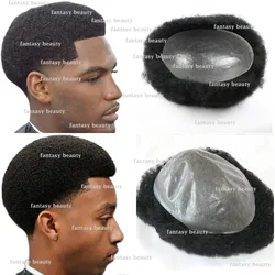 4mm Afro Curly Toupee For Black Men Jet Black Durable Full Skin Hair System Hairpieces With Knots Male Hair Capillary Prosthesis