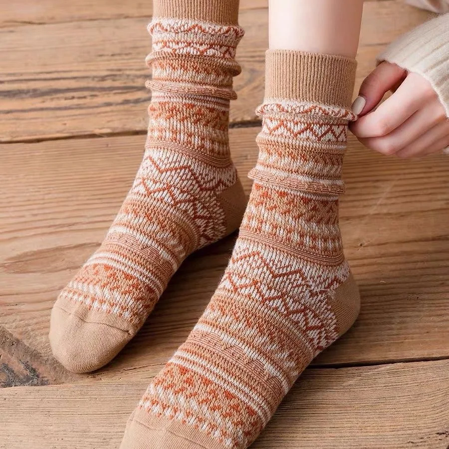 6 pares retro estilo japonês malha meados de bezerro meias quentes retro meias escolares para meninas moda outono inverno meias com impressão