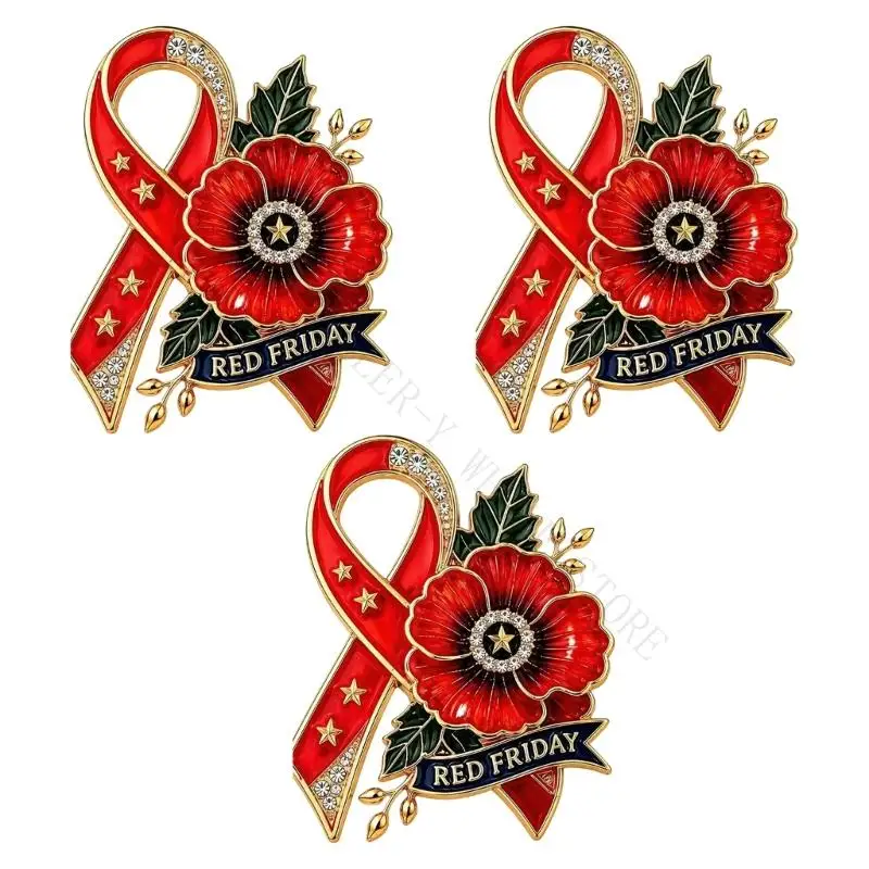 R7UF Red Ribbon Flower Brooch Pin with Pin Back Accent for Jackets Bags