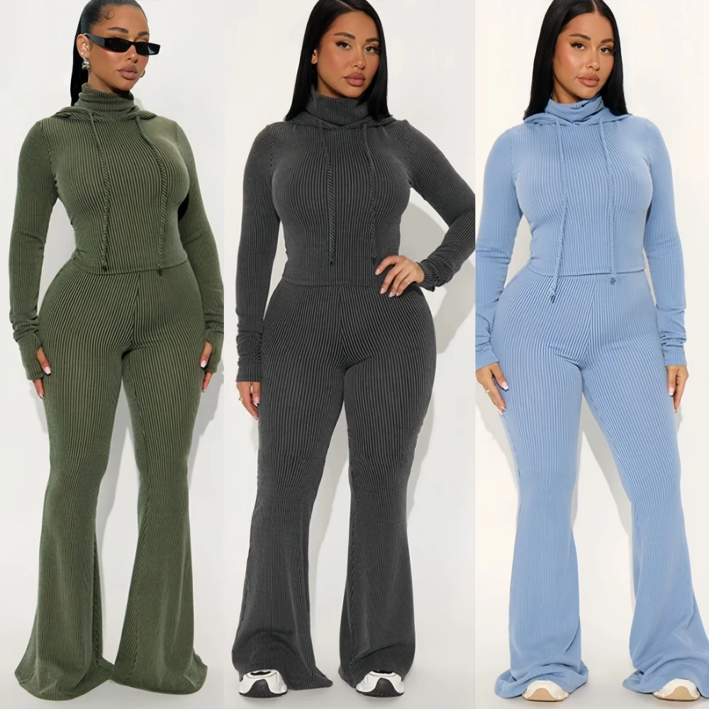 FAGADOER Fashion 2 Pieces Set for Woman Outfits Solid Color Long Sleeves Hooded Crop Top and Flare Pants Suits Female Streetwear