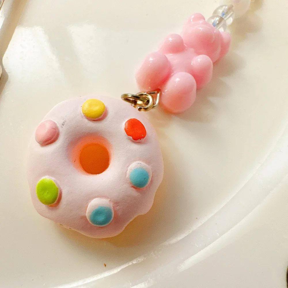 Keyring Little Bear Beaded Phone Chain Doughnut Hanging Cord Phone Strap Anti-Lost Wrist Strap Mobile Lanyard Women Girls