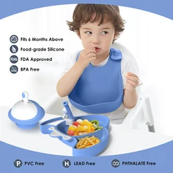 Silicone conjunto de alimentação do bebê, desenhos animados, antiderrapante, babador, otário, tigela, prato, copo, colher, garfo, prato dividido, talheres