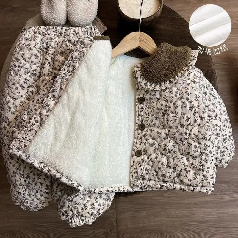 Kawaii Casual Coat Set Fashion 2 Piece Set Childrens Clothing Girls Winter Flannel Pajamas Warm Fleece Lined Thick Homewear