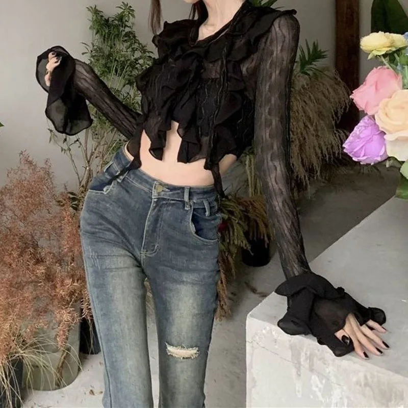 Lucyever 여성용 Y2K 크롭 러플 티셔츠, 섹시한 블랙 브이넥 메쉬 시어 블라우스, 여성 고딕 긴팔 티 탑