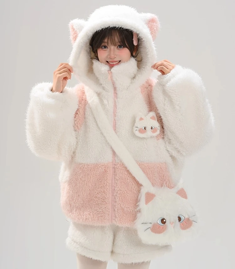 2025 Winter Warm Thickened Plush Coat Student Kawaii Y2K Faux Fur Hooded Jackets Cute Girl's Cat Ear Fur Outerwera for Women