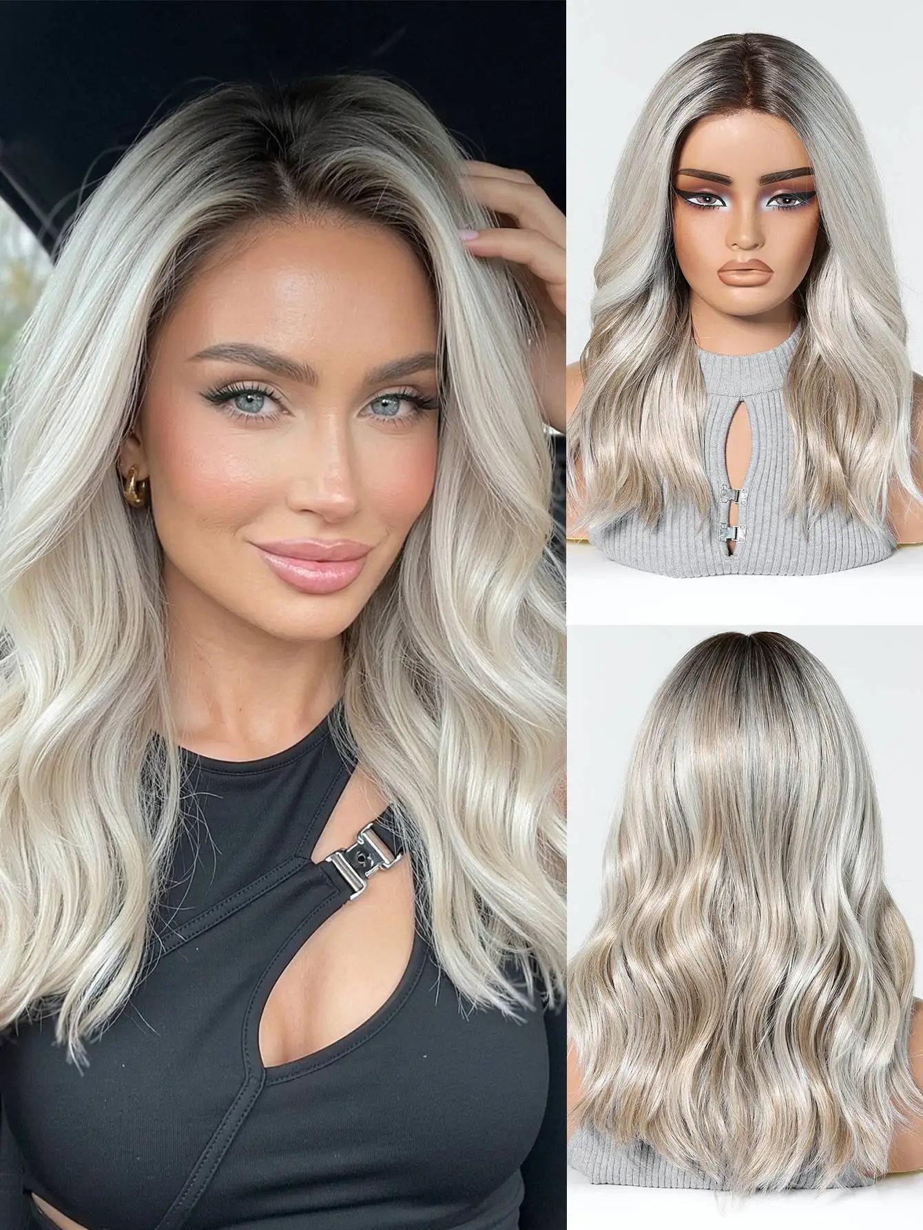Dark Root Silver Blonde Wavy MONO Synthetic Wig 5x5.5 Hand Tied Mono Top Import High Temp Fiber Pre Cut Lace Breathable Adjustab