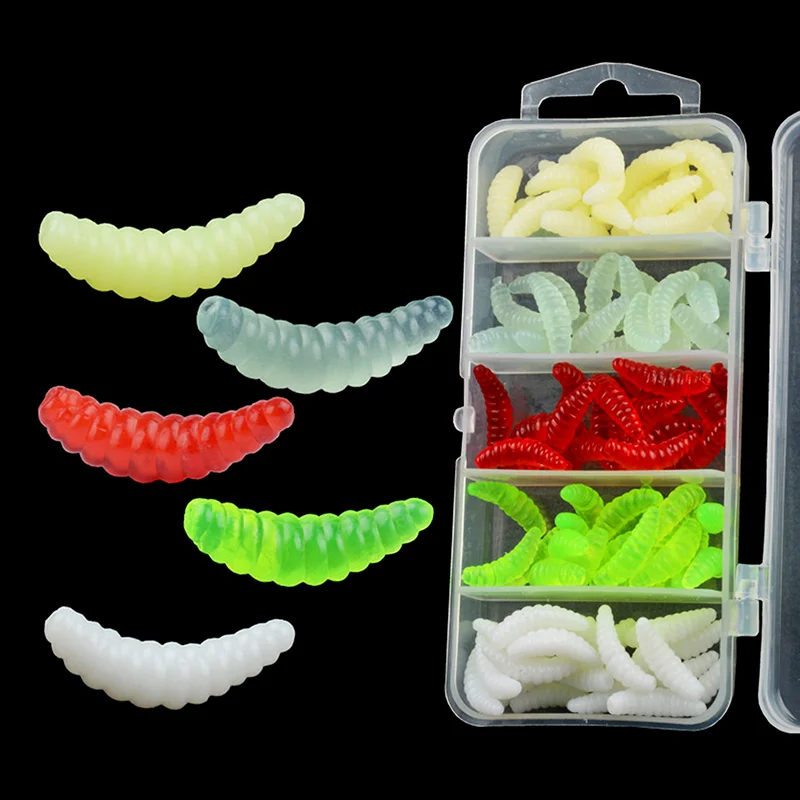 100pcs/box Mini Soft Maggot Baits 2cm 5 Colors Mixed Fishing Lures Silicone Bionic Bread Worm Lure Box Fishing Trout Perch Bass