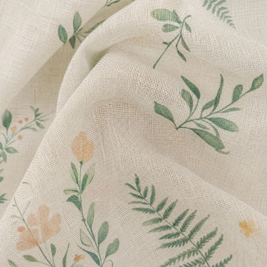 Countryside Floral Fern Curtain, Linen Texture Semi‑Blackout Window Drapes, Living Room Bedroom Home Decor