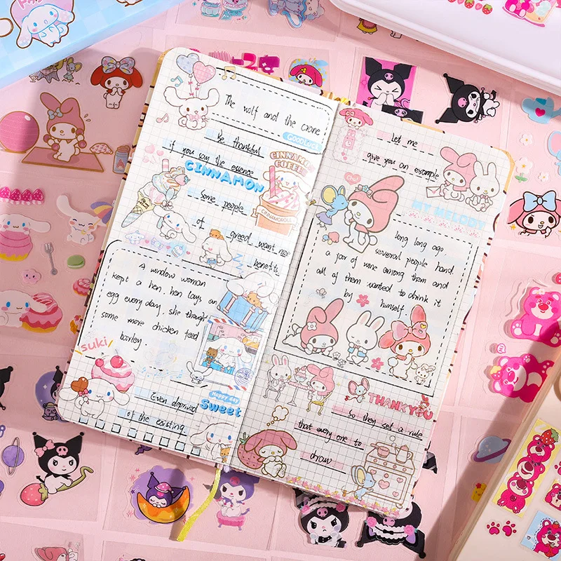 100Pcs Sanrio Kuromi Melody Cinnamoroll PET Transparent Waterproof Sticker Cartoon DIY Stationery Cup Hand Ledger Sticker Set