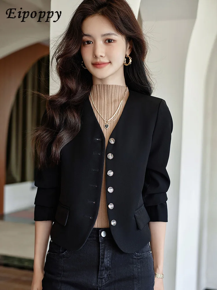 ชุดสูทสีกาแฟลำลองเสื้อแจ็คเก็ตลำลองทรงสั้นสำหรับผู้หญิง