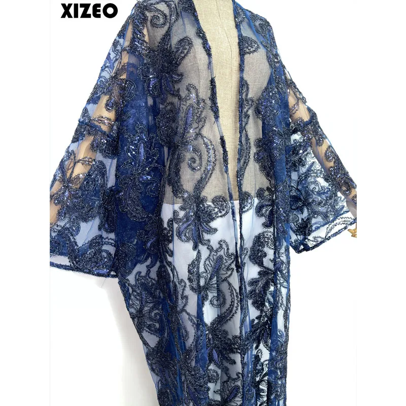 XIZEO Summer Women Cardigan stitch fashion sexy Boho Holiday free size long Sleeve Silk feeling Robe elegant kimono kaftan