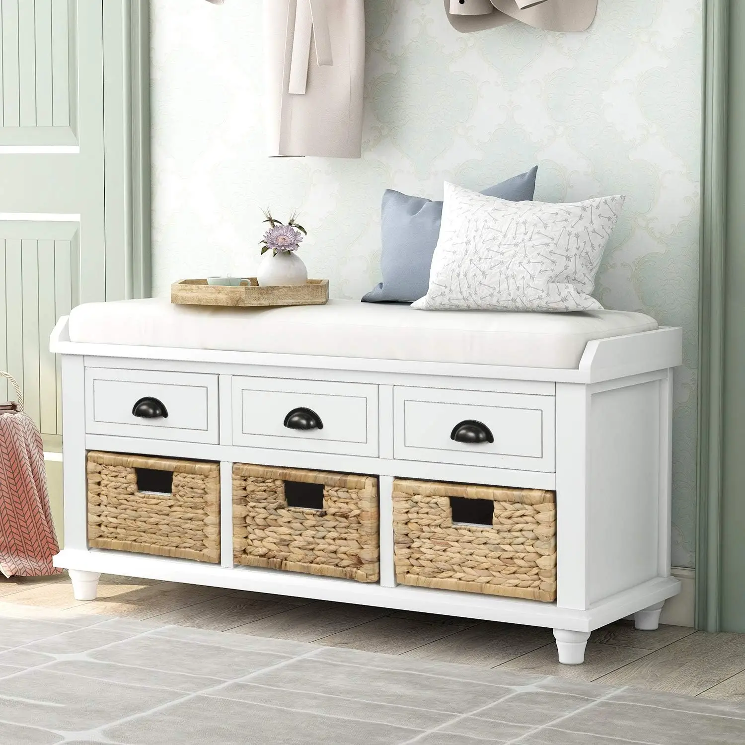 Storage Bench with 3 Drawers, 3 Rattan Baskets and Removable Cushion for Entryway, Shoe Bench End of Bed Bench 3-Cube