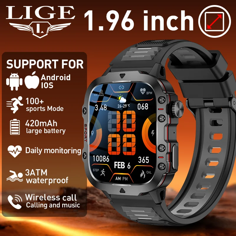 

LIGE Smart Watch Voice Assistant 3ATM Waterproof 420mAh Large Battery Wireless Calling Rugged Outdoor Sports smart watch for men