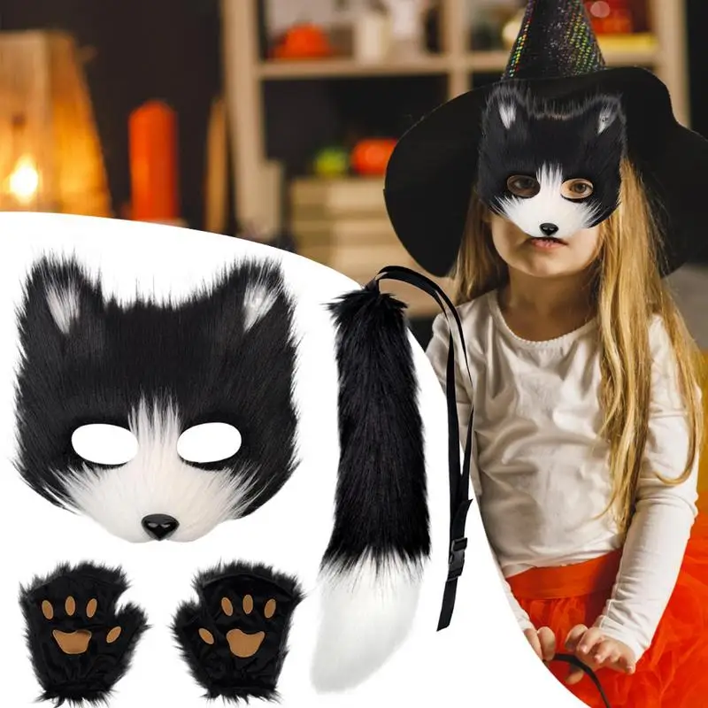 

Fluffy Fur Fox Half Face Mask Foxes Tail Cat Paws Gloves And Wolf Therian Mask Set Halloween Cosplay Costume Accessories Parties