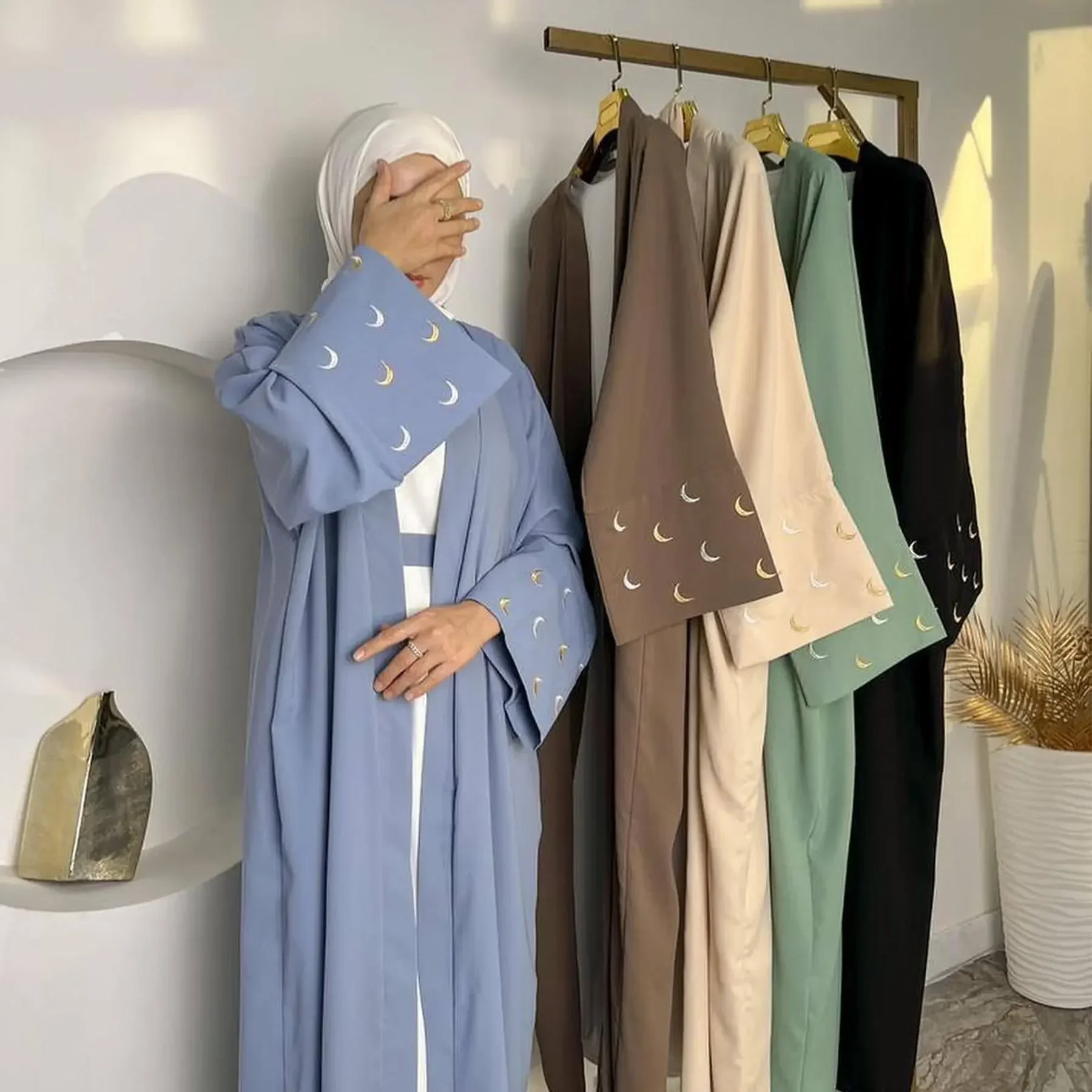 Mode Mond Stickerei Abayas Frauen Öffnen Kimono Strickjacke Robe Kleid Muslim Islamische Kleidung Eid Ramadan Dubai Kaftan Jalabiya