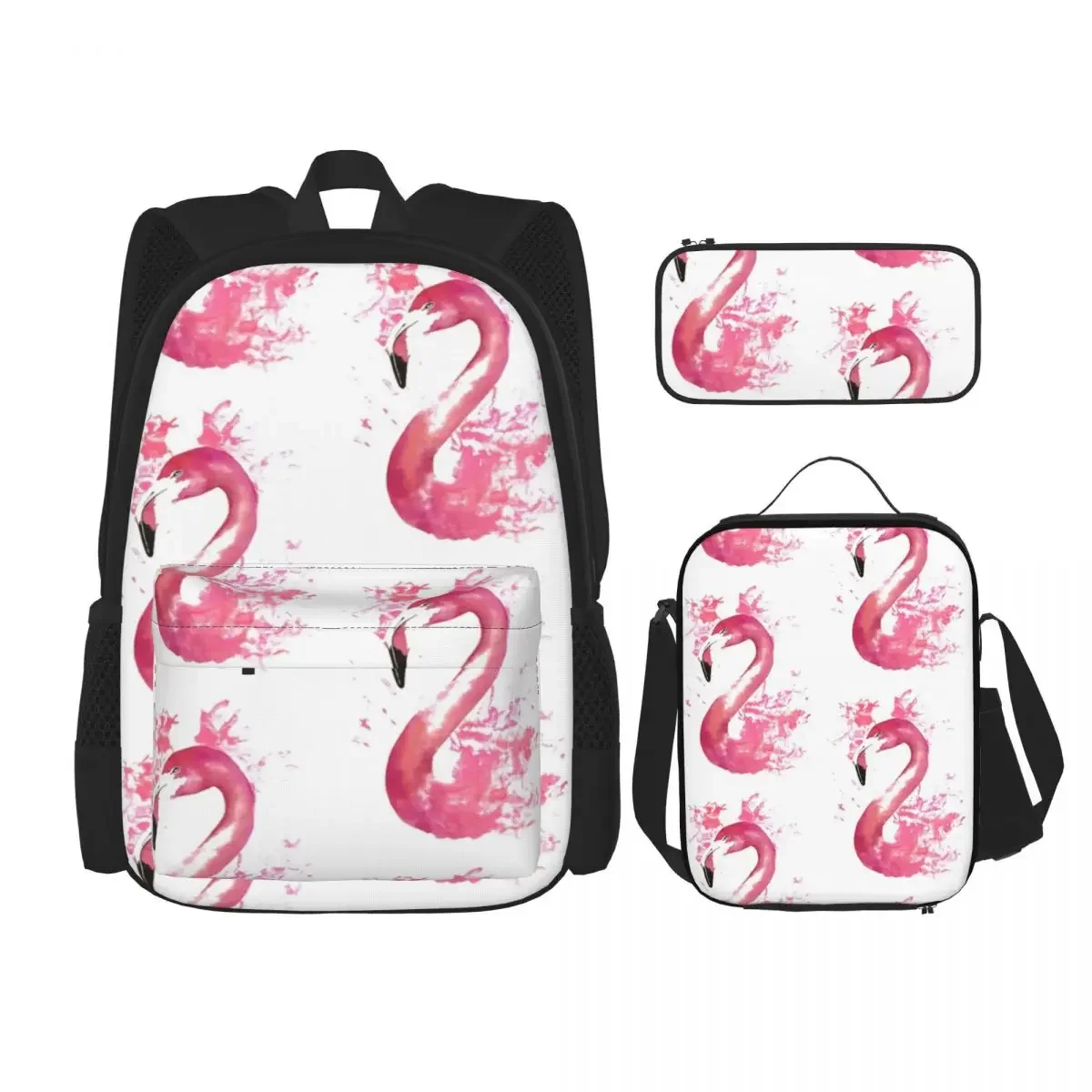 Pink Flamingo Watercolour Splash Artwork Backpacks Bookbag Children School Bags Rucksack Lunch Bag Pen Bag Three-Piece Set