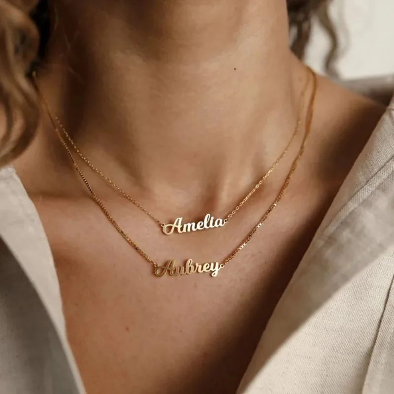 Luxury Name Necklace Personalised K-Gold Cursive Letters Necklase Woman Customizable Stainless Steel Necklace Cute Baby Jewelry