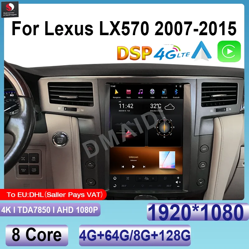 For Lexus LX570 2007-2015 13.6Inch Qualcomm Android 11 Car Radio CarPlay Multimedia Video Player Autoradio Stereo BT Google Navi