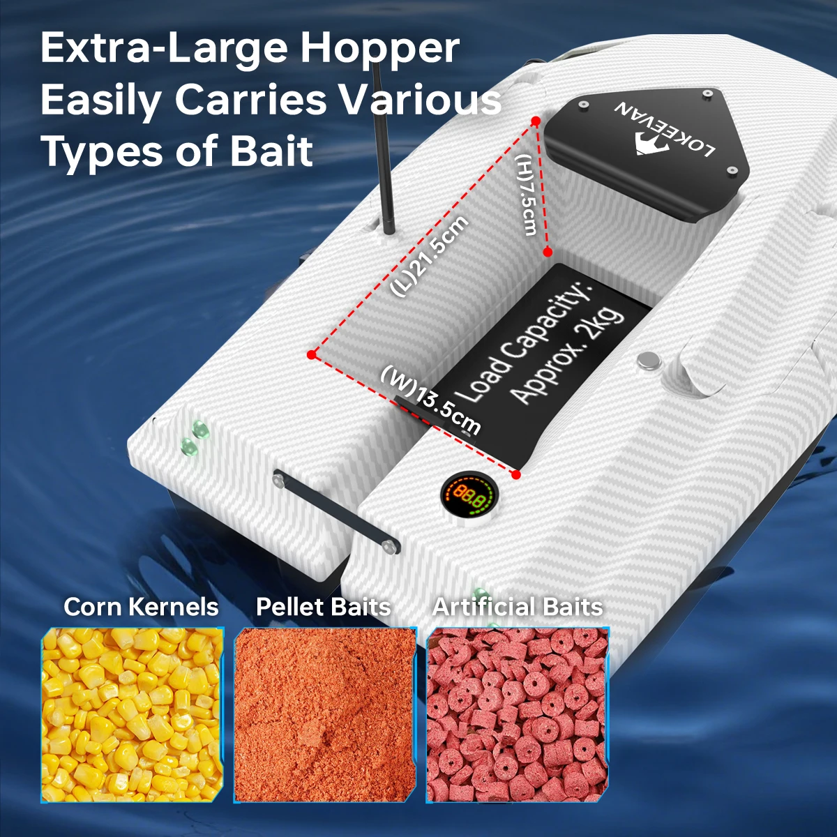 Barco Cebador con GPS LOKEEVAN D50E, 15600*2 mAh, 12V, GPS+Beidou, Doble Posicionamiento, con Sonda, Detección de Profundidad y Temperatura del Agua, Tres Modos de Velocidad, Control Remoto Inalámbrico 2.4G, 360° ° Barco Cebador de Pesca con Joystick Direccional y Velocidad de Navegación de 1.7 m/s