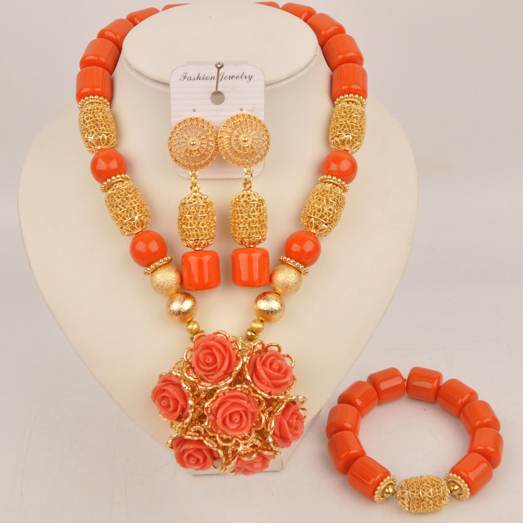 Orange Artificial Coral Bead Flower Necklace African Jewelry