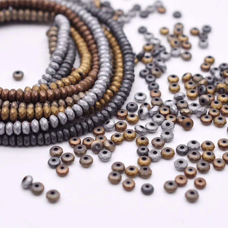 3x2/4x2/6x2mm Matte Color Silvery Golden Bronze Faceted Flat Beads Hematite Stone Loose Spacer Beads For Jewelry Making DIY