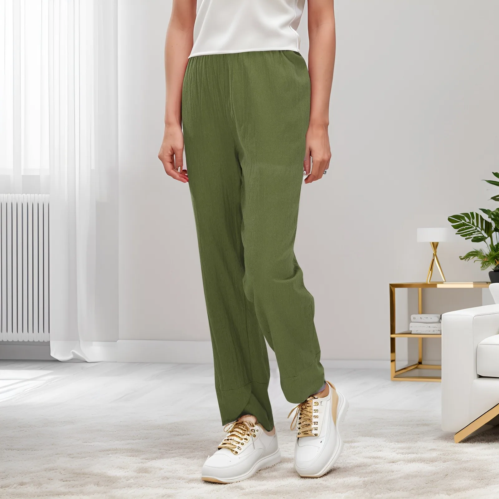 Calça casual feminina, calça de perna reta, cintura elástica, monocromática, cintura alta, lounge, roupa diária, 2022