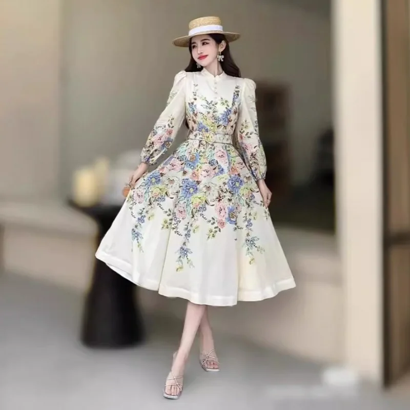 

2024Summer New European and American Style Single-Breasted Mouth Stand Collar Positioning Flower Printing Spring and Summer Dres