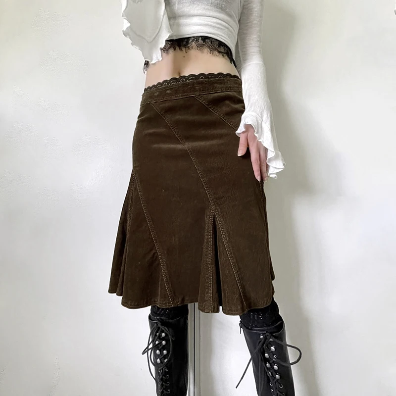 Darlingaga Vintage Brown Corduroy Midi Skirt Women Lace Patchwork Fashion A-Line Autumn Skirts Party Elegant Stitching Bottoms