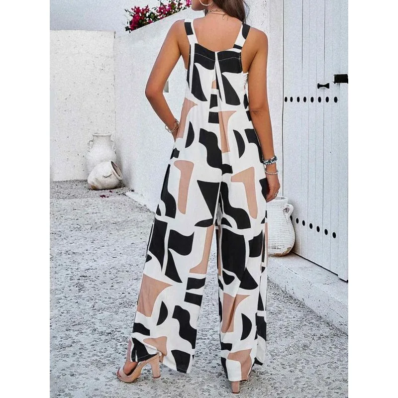 Plus Size Women's New Fashion Button Sexy Sleeveless Suspender Temperament Printed Casual Belt Pocket Jumpsuit image 6