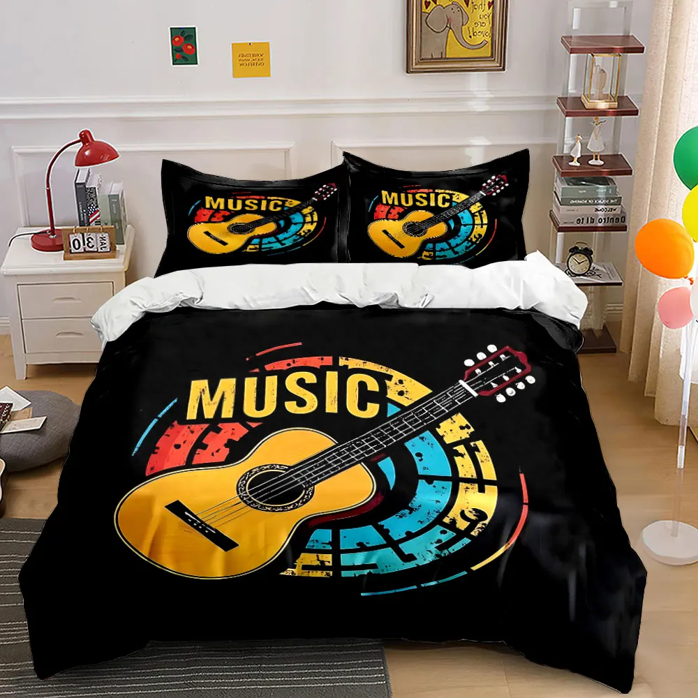 Colorful circle with guitar design Print Bedding Set 1 Duvet Cover 2 Pillowcases for Adult and Children Luxury Gift Full Size