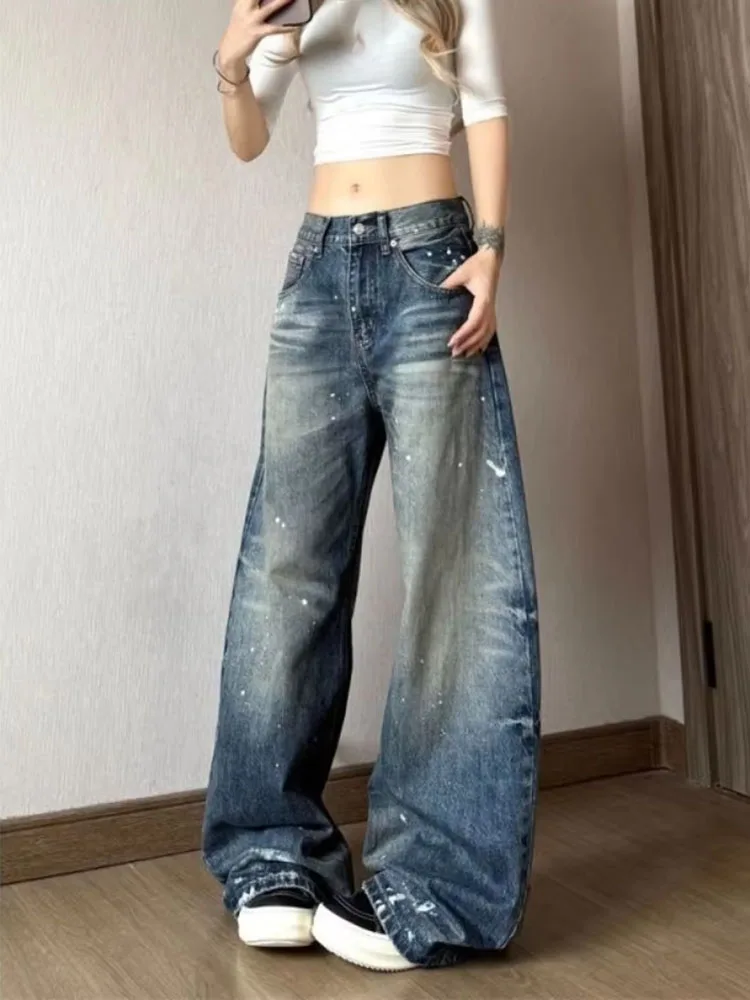 Y2k Harajuku Vintage Jeans High Waist Pockets Casual Loose Wide Leg Pants Spring Autumn Simple Trousers All Match Women Clothing
