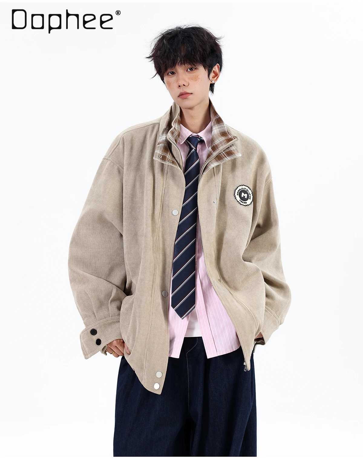 

Spring and Autumn New American Style Double Collar Sports Jacket Men's High Street Retro Plaid Patchwork Fake Two-Piece Coat