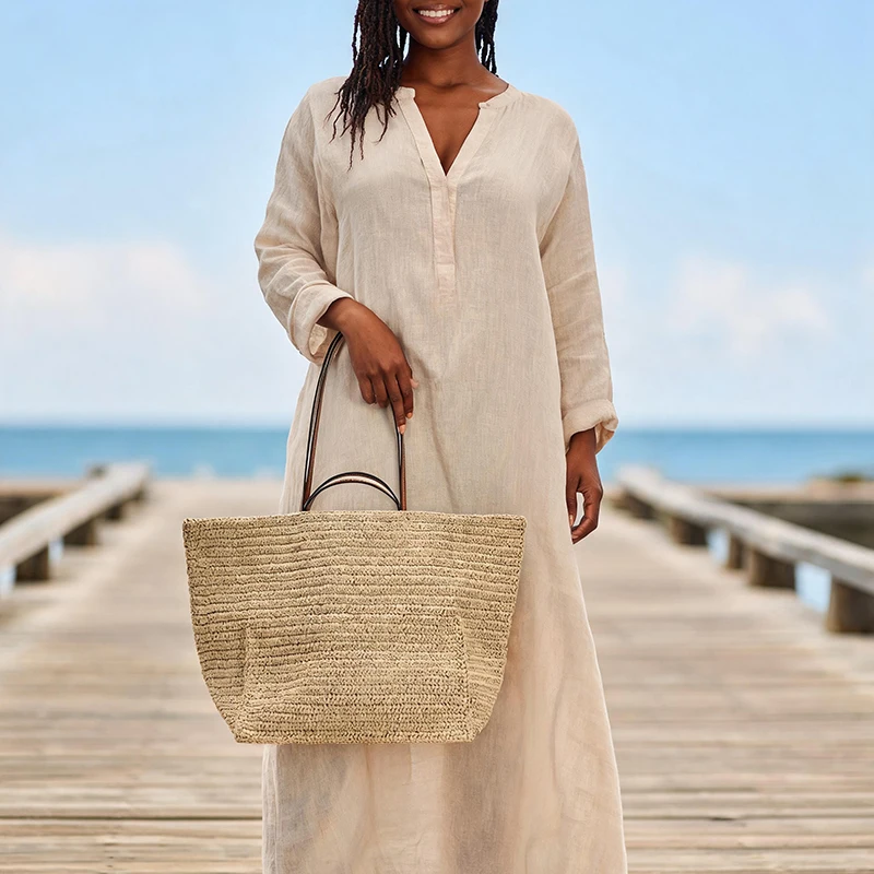 Handgewebte Stroh-Strandtasche, Große Kapazität Damen-Schultertasche, Leichte Vielseitige Sommer-Handtasche für Pendeln und Reisen, Khaki – Detail 10